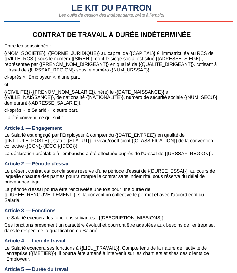 Aperçu réel : le modèle de CDI temps plein inclus dans le kit